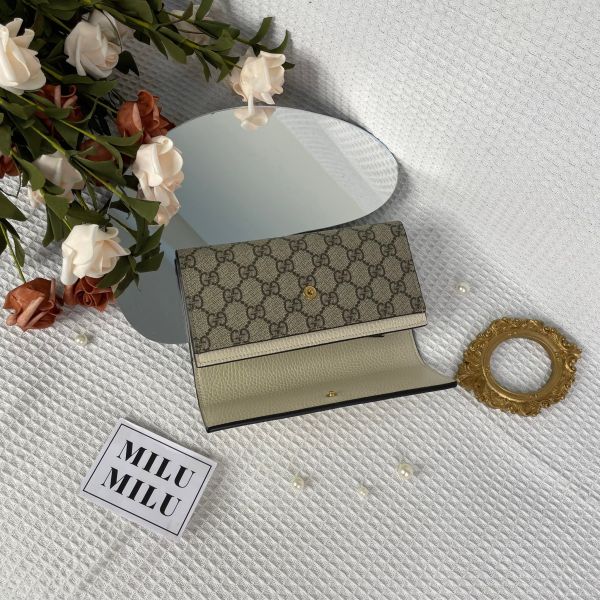 【全新閒置品】【12期0利率】gucci 皮革拼接翻蓋長夾 白皮革拼老花 