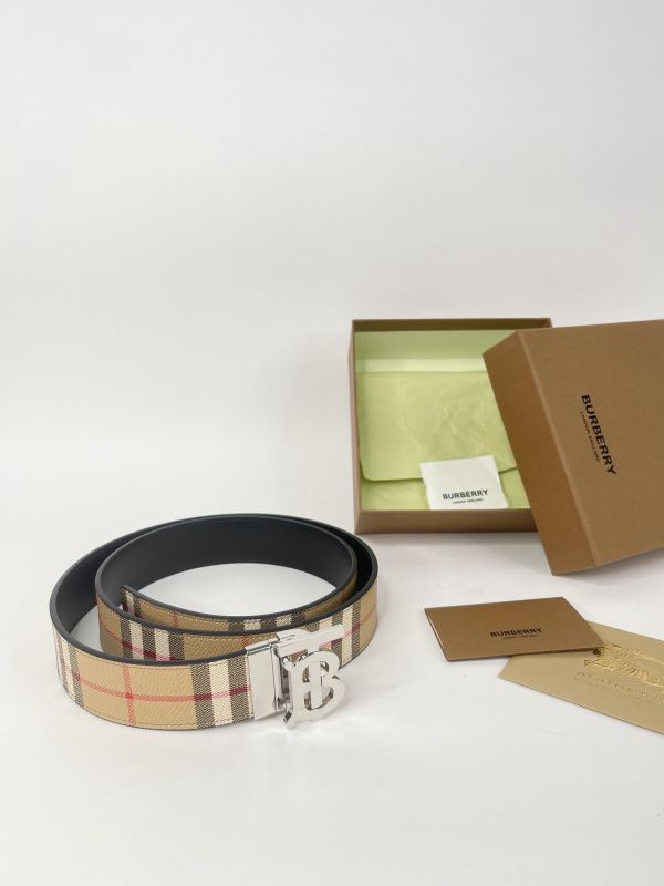【分期0利率】BURBERRY TB LOGO 格紋拼接皮革雙面用皮帶 3.5MM【95成新】 