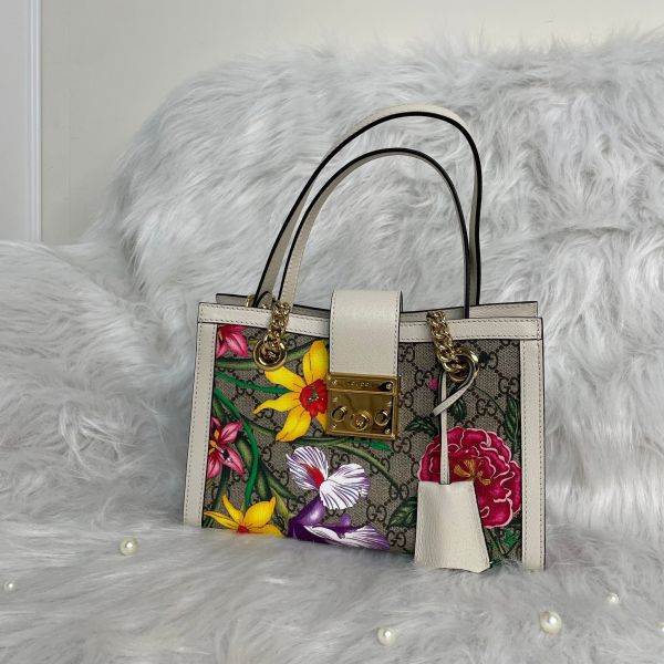 【全新閒置】【12期0利率】GUCCI Padlock 列 花卉系小型肩背包(498156-白) 
