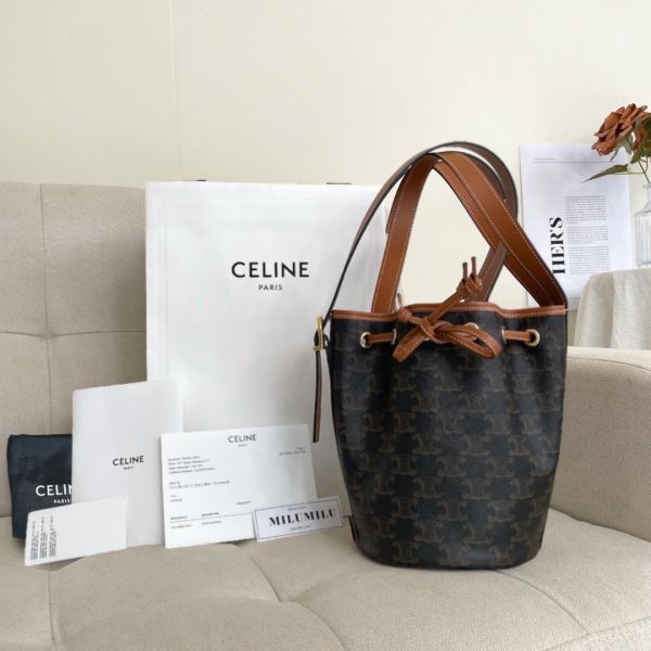 【12期0利率】CELINE TRIOMPHE 帆布小型抽繩水桶【99成新】 