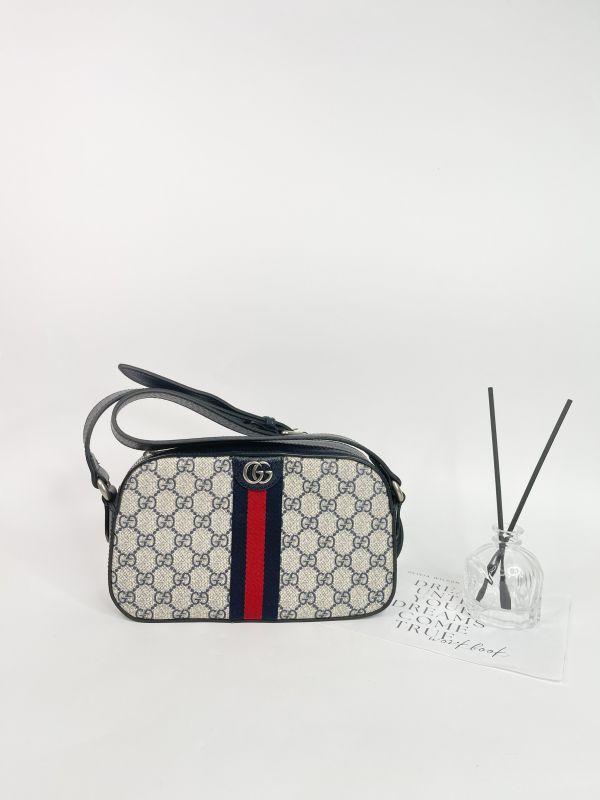 【未使用閒置品】GUCCI GG Supreme 帆布印花織帶相機包 