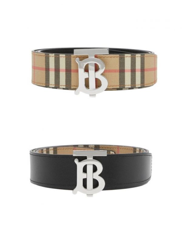 【12期0利率】【全新品】BURBERRY  TB 扣頭 格紋雙面用皮帶 3.5公分 男女可用【現金價12000】 