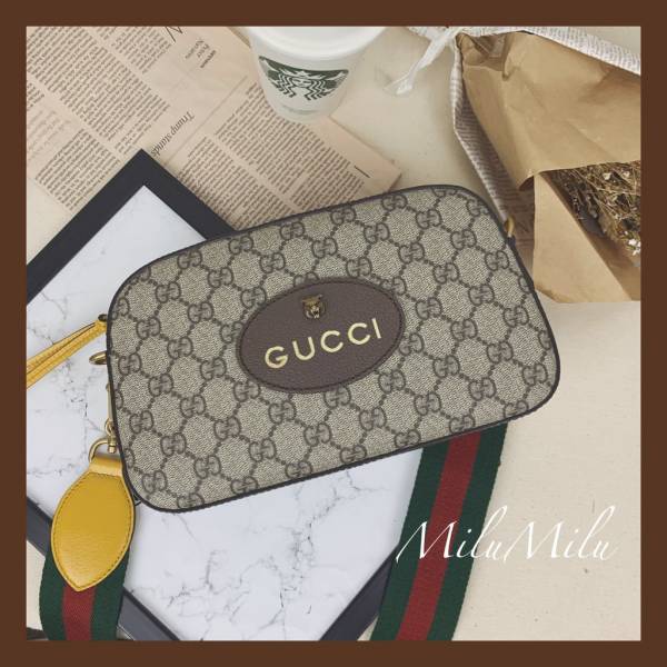 【12期0利率】GUCCI GG Superme 老虎LOGO綠紅色織帶帆布相機包 