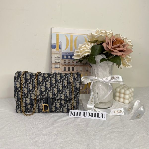 【9成新】【12期0利率】Dior Oblique 緹花Saddle鏈帶斜背包 