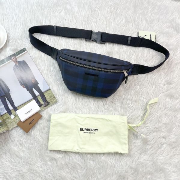 【12期0利率】BURBERRY 海軍藍格紋帆布腰包 大號【全新品】 