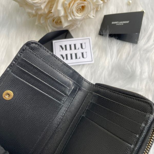 【12期0利率】【二手】YSL 魚子醬衍縫拉鍊對折 6 卡零錢袋短夾 