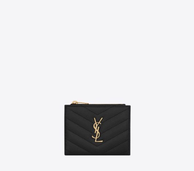 【12期0利率】【現金價】YSL MONOGRAM粒面壓紋皮革照片夾層兩折短夾 