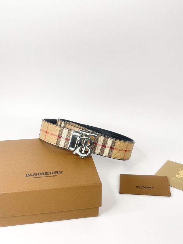 【分期0利率】BURBERRY TB LOGO 格紋拼接皮革雙面用皮帶 3.5MM【95成新】 