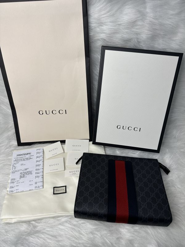 【9.9成】【12期0利率】GUCCI GG Supreme 紅藍WEB織帶手拿包 