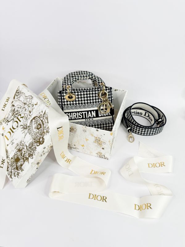 【9成新】DIOR 迷你黛妃包  千鳥格紋刺繡 