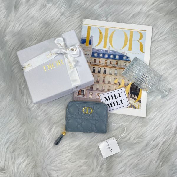 【9成新】【12期0利率】DIOR CARO SCARLET 黛妃小牛皮拉鏈短夾 雲藍色 