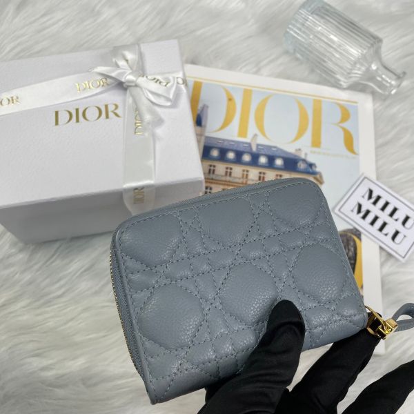 【9成新】【12期0利率】DIOR CARO SCARLET 黛妃小牛皮拉鏈短夾 雲藍色 