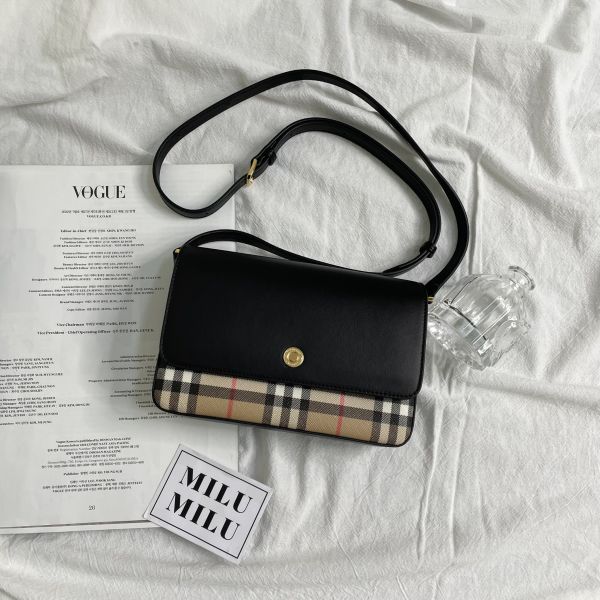 【12期0利率】【全新品】BURBERRY 斜挎Vintage 格紋拼皮革Penny包-黑 