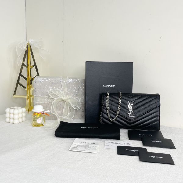 【12期0利率】YSL WOC 魚子醬鍊包 銀扣22.5CM【台灣購證】【95成新】 