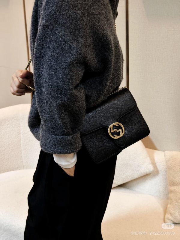 【分期0利率】GUCCI 雙G扣 荔枝牛皮雙層鍊條斜背包【95成】 