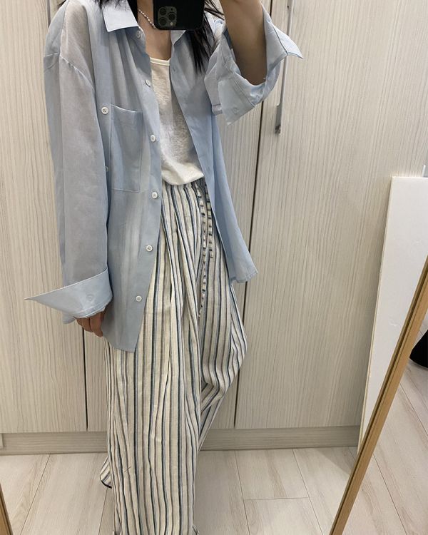 渡假感直條紋麻料褲 