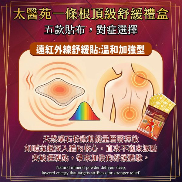 【加強舒緩鎏金禮盒】遠紅外線貼布 12包組 太醫苑一條根, 遠紅外線貼布, 加強舒緩貼布, 礦石溫熱貼, 肩頸痠痛貼布, 腰背痠痛舒緩, 長效熱敷貼, 居家保健貼布, 上班族必備, 孝親禮盒, 養生禮盒, 金色禮盒, 肌肉疲勞舒緩, 關節痠痛貼布, 台灣漢方草本, 送長輩禮物推薦
