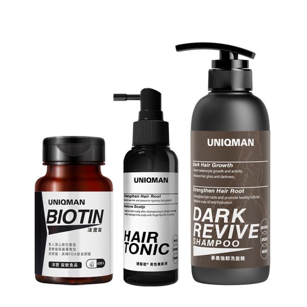 UNIQMAN 茂密自信組 法密錠(60粒/瓶)+速髮密男性養髮液(100ml/瓶)+蔘黑強韌洗髮精(400ml/瓶) 