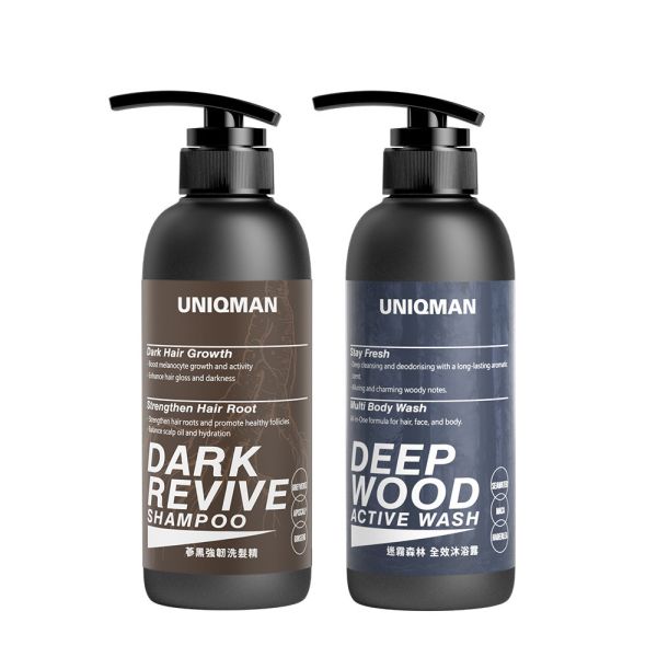 UNIQMAN 黑髮沐浴組 蔘黑強韌洗髮精(400ml/瓶)+迷霧森林全效沐浴露(400ml/瓶) 