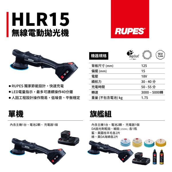⋄蠟妹緹緹⋄ RUPES 拋光機 HLR15 IBRID 大腳15 電池版 旗艦組 