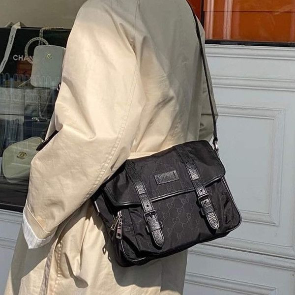 GUCCI 印花 LOGO 牛皮飾邊尼龍郵差包 GUCCI,尼龍,郵差包