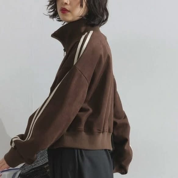 日本復古拼色條紋袖短版拉鍊外套 日本復古拼色條紋袖短版拉鍊外套