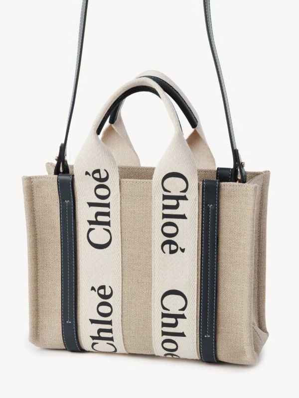 現貨CHLOE WOODY TOTE S號 亞麻帆布和亮面小牛皮手提包 CHLOE WOODY TOTE S號 亞麻帆布和亮面小牛皮手提包