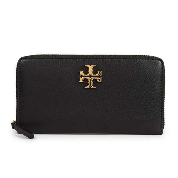 TORY BURCH KIRA雙T金屬大LOGO荔枝皮革拉鍊長夾-黑色 TORY BURCH KIRA雙T金屬大LOGO荔枝皮革拉鍊長夾