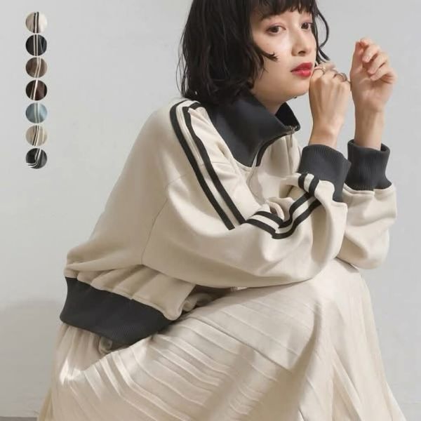 日本復古拼色條紋袖短版拉鍊外套 日本復古拼色條紋袖短版拉鍊外套