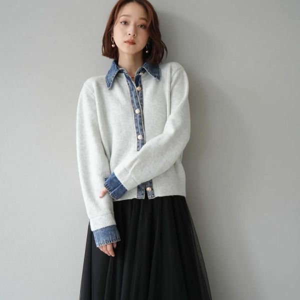 日本夏末早秋新品 撞色材質牛仔針織開襟衫 日本夏末早秋新品 撞色材質牛仔針織開襟衫