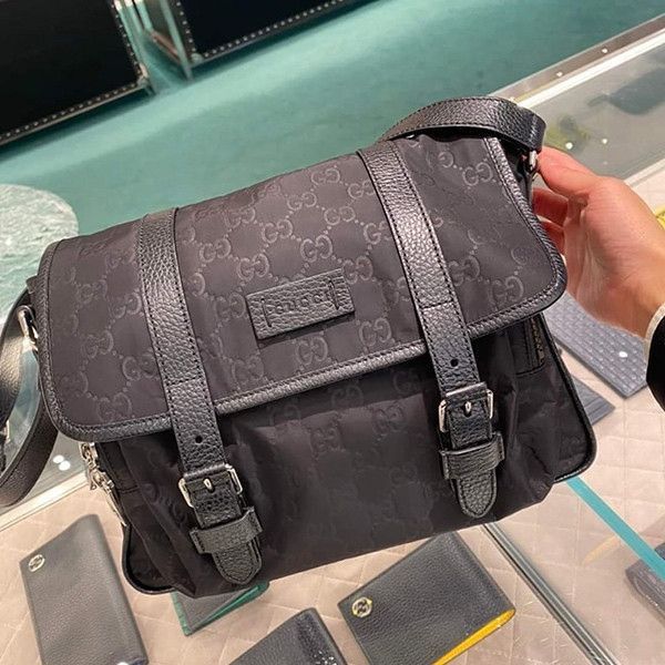GUCCI 印花 LOGO 牛皮飾邊尼龍郵差包 GUCCI,尼龍,郵差包