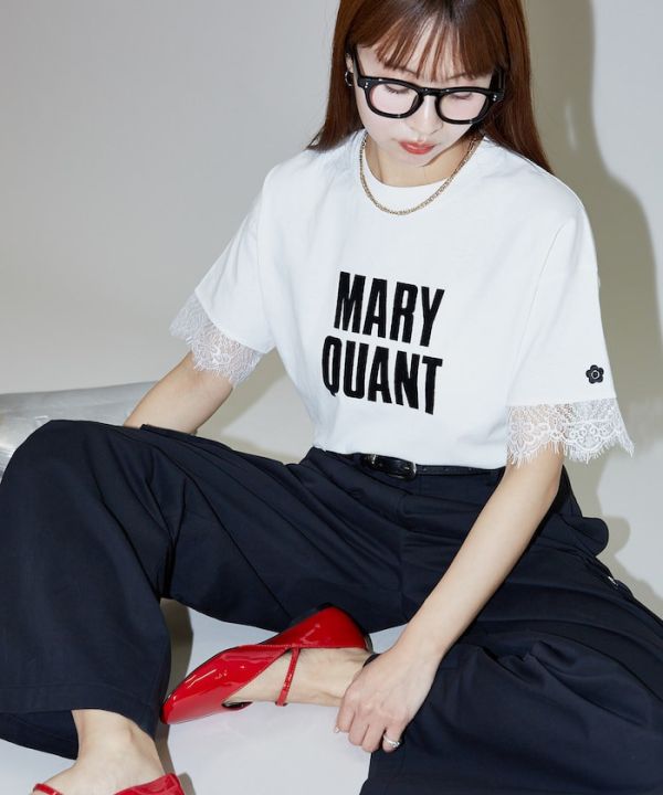 日本 MARY QUANT×PUBLUX LIMITED MODEL植絨logo蕾絲袖T恤 限量版 日本 MARY QUANT×PUBLUX LIMITED MODEL植絨logo蕾絲袖T恤 限量版
