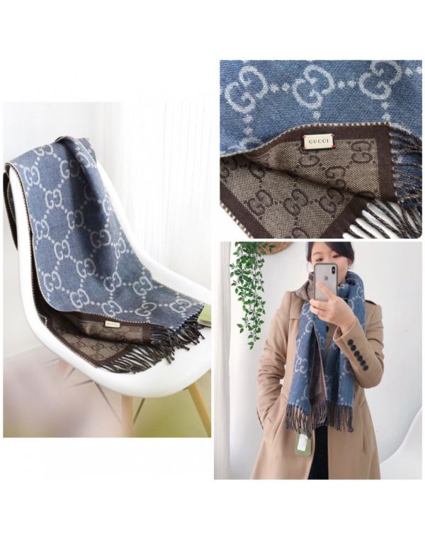 日本GUCCI 雙面GG LOGO羊毛流蘇圍巾 牛仔藍*深咖 日本GUCCI 雙面GG LOGO羊毛流蘇圍巾 牛仔藍*深咖