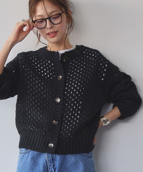 日本 ELFRANK鏤空網眼針織圓領開襟衫 日本 ELFRANK鏤空網眼針織圓領開襟衫