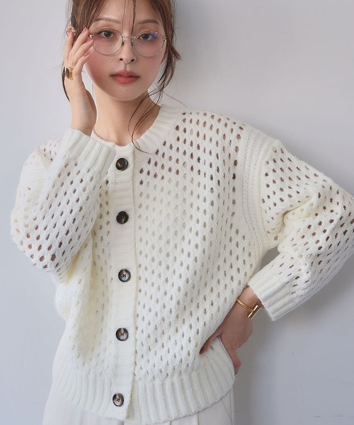 日本 ELFRANK鏤空網眼針織圓領開襟衫 日本 ELFRANK鏤空網眼針織圓領開襟衫