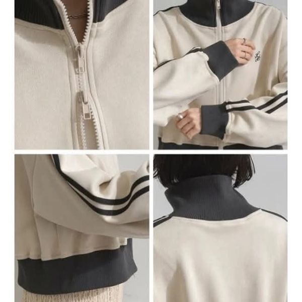 日本復古拼色條紋袖短版拉鍊外套 日本復古拼色條紋袖短版拉鍊外套