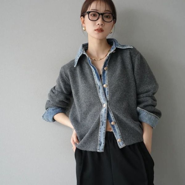 日本夏末早秋新品 撞色材質牛仔針織開襟衫 日本夏末早秋新品 撞色材質牛仔針織開襟衫