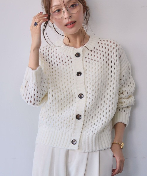 日本 ELFRANK鏤空網眼針織圓領開襟衫 日本 ELFRANK鏤空網眼針織圓領開襟衫