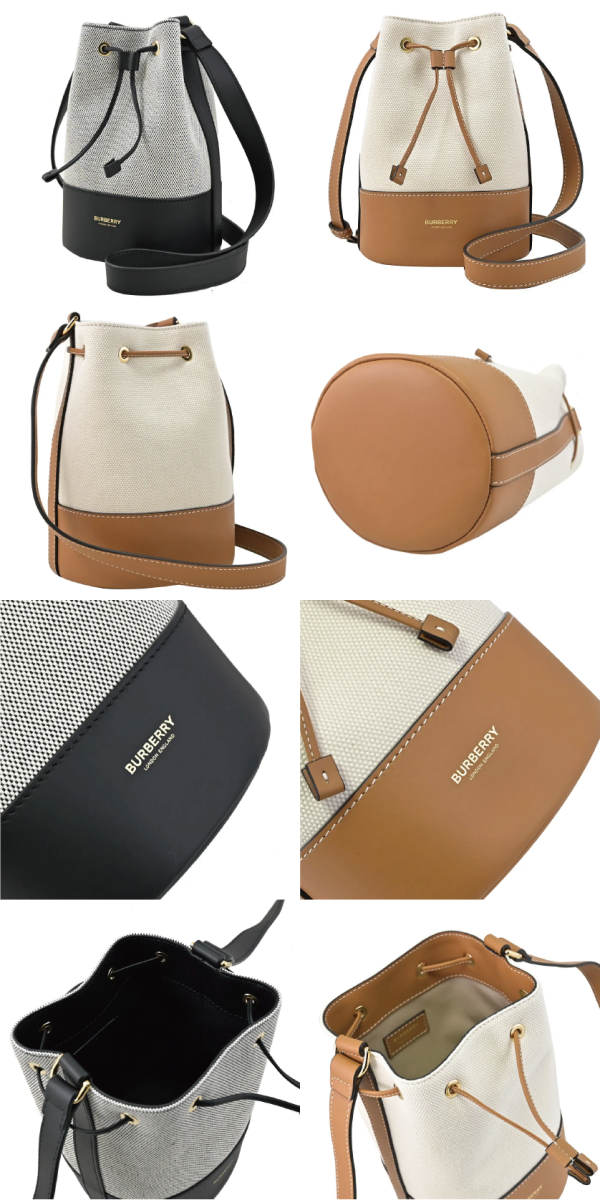 日本 BURBERRY 經典帆布牛皮拼接斜背束口水桶包 日本 BURBERRY 經典帆布牛皮拼接斜背束口水桶包