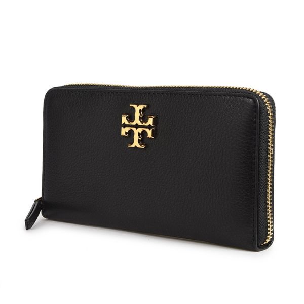 TORY BURCH KIRA雙T金屬大LOGO荔枝皮革拉鍊長夾-黑色 TORY BURCH KIRA雙T金屬大LOGO荔枝皮革拉鍊長夾