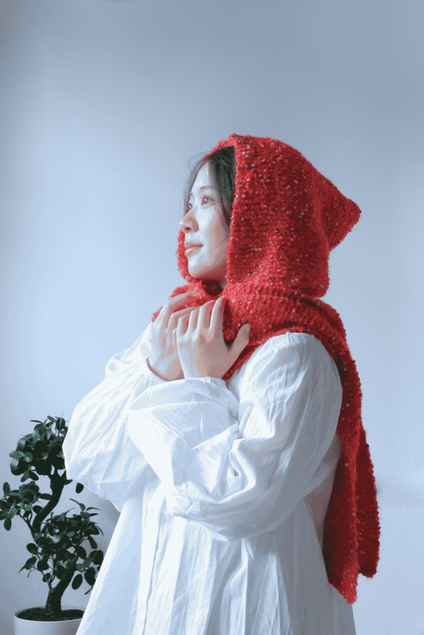 isk-037，小紅帽｜棒針連帽圍巾 材料包+教學影片 棒針,帽兜,圍巾,聖誕節,交換禮物,材料包,編織,毛線
