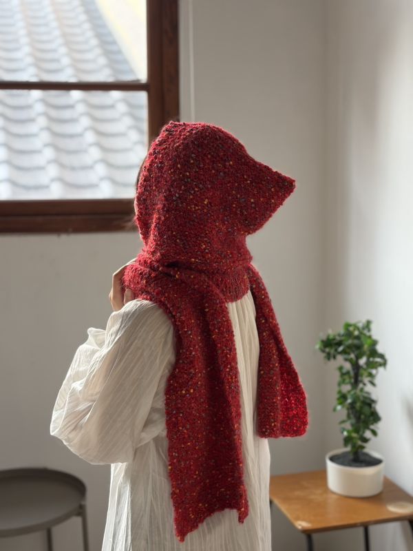 isk-037，小紅帽｜棒針連帽圍巾 材料包+教學影片 