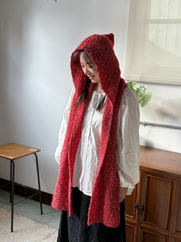 isk-037，小紅帽｜棒針連帽圍巾 材料包+教學影片 