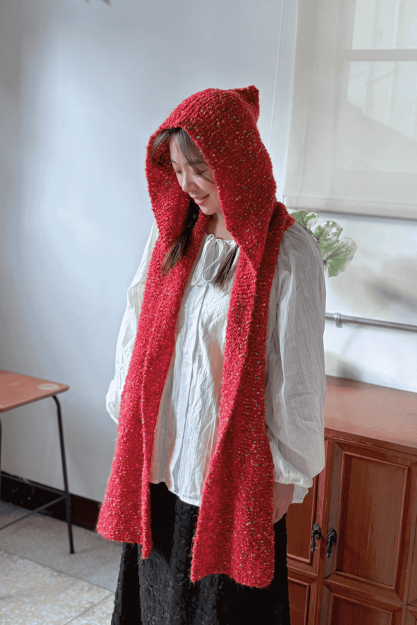 isk-037，小紅帽｜棒針連帽圍巾 材料包+教學影片 棒針,帽兜,圍巾,聖誕節,交換禮物,材料包,編織,毛線