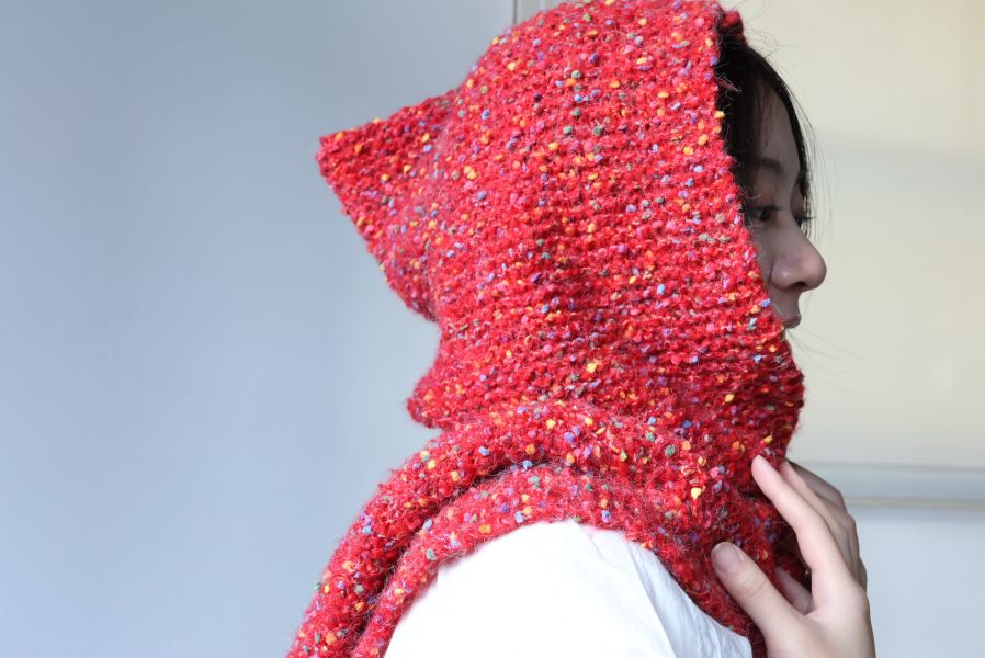 isk-037，小紅帽｜棒針連帽圍巾 材料包+教學影片 