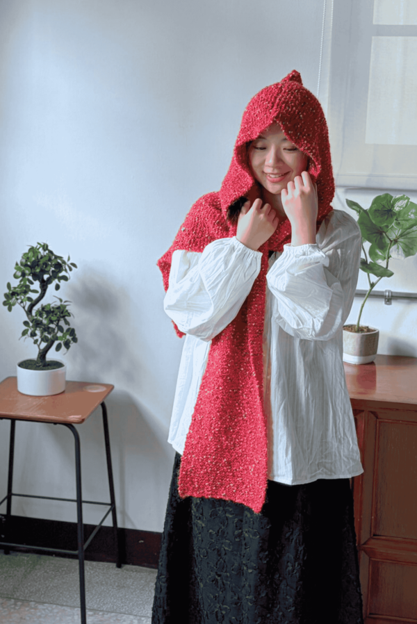 isk-037，小紅帽｜棒針連帽圍巾 材料包+教學影片 棒針,帽兜,圍巾,聖誕節,交換禮物,材料包,編織,毛線