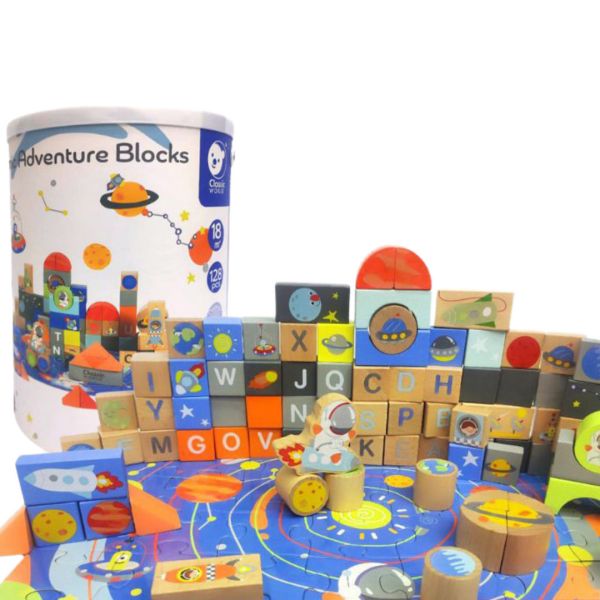 宇宙探險積木組(128pcs) Cosmic Adventure Blocks｜主題積木桶．適合18個月以上【德國Classic World客來喜經典木玩】 classic world,德國木玩具,德國,客來喜,德國客來喜,德國classicworld,classicworld,classicworld台灣代理,classicworld獨家代理,德國設計玩具,玩具,木玩,經典木玩,木製玩具,木質玩具,兒童玩具,寶寶玩具,益智,益智玩具,安全玩具,無甲醛,零甲醛,無毒,環保漆,手眼協調,視覺發展玩具,智能發展玩具,視覺專注,想像力,創造力,語言表達,磁性