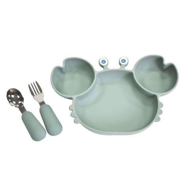 ★電商獨賣★螃蟹 兒童無毒矽膠餐具+台製方巾 4件組 SI-03 軍綠色磚紅色 