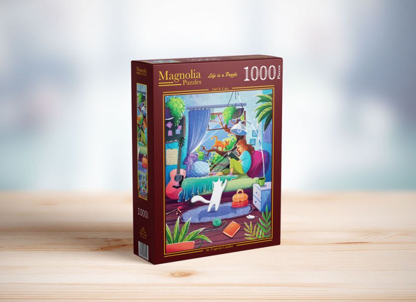*預購208*土耳其品牌 Magnolia / 女孩與貓 / 1000片 黑咖啡拼圖,拼圖,預購,女孩與貓,女孩,貓,閱讀,溫暖,植物,溫馨,可愛,特色,藝術家,藝術,主題,1000片,Magnolia,土耳其品牌