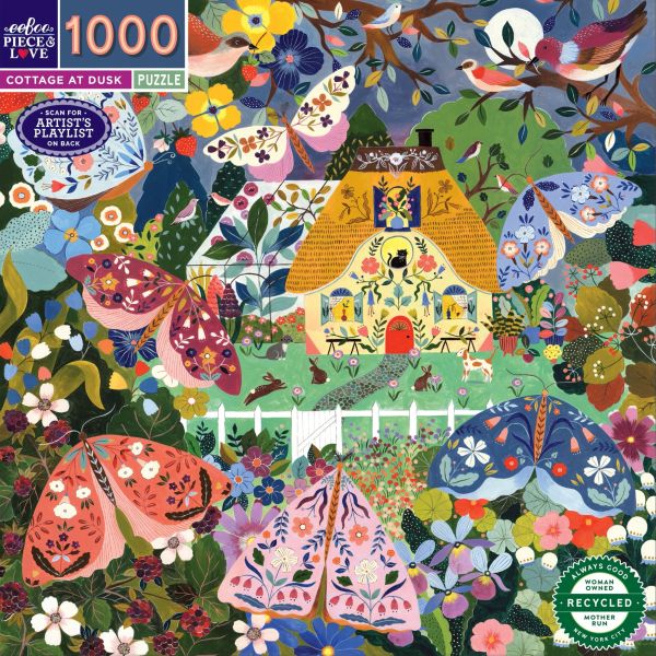 *預購209*美國品牌 eeBoo / 黃昏小屋 / 1000片 黑咖啡拼圖,拼圖,預購,黃昏小屋,黃昏,小屋,花園,飛蛾,蝴蝶,色彩繽紛,英式小屋,特色,藝術家,藝術,主題,1000片,eeBoo,美國品牌